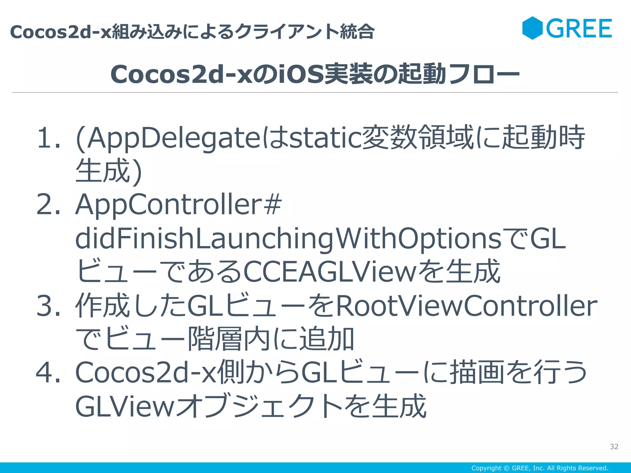 Copyright © GREE, Inc. All Rights Reserved.
Cocos2d-x組み込みによるクライアント統合
32
1.  (AppDelegateはstatic変数領域に起動時
⽣成)
2.  AppController#
didFinishLaunchingWithOptionsでGL
ビューであるCCEAGLViewを⽣成
3.  作成したGLビューをRootViewController
でビュー階層内に追加
4.  Cocos2d-x側からGLビューに描画を⾏う
GLViewオブジェクトを⽣成
Cocos2d-xのiOS実装の起動フロー
 