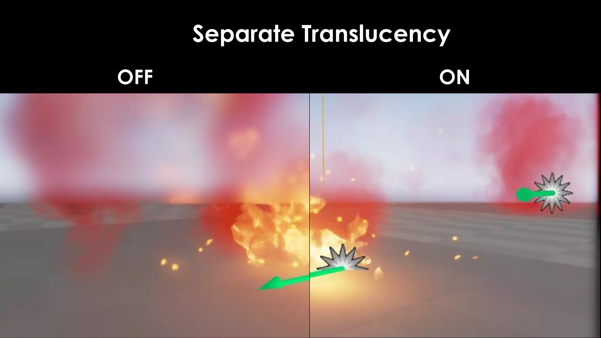 Lighting
Post Processそれまでの
パス
半透明描画
パス Depth Of Field
Separate Translucency Pass
このバッファの解像度を減らすことで描画ピクセルを減らす
r.SeparateTranslucencyScreenPercentage コマンド
 