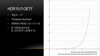 HDR10のOETF
• “PQカーブ”
• “Perceptual Quantizer”
• 視神経の特性に沿っている
• [0, 10000] cd/m^2を
[0, 1]の信号に変換する。
http://www.tele.soumu.go.jp/horei/reiki_honbun/word/b21040731.doc
https://www.desmos.com/calculator/78yfr5z9yx
 