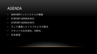 AGENDA
• SDR/HDRテレビシステムの概要
• GTSPORT SDR制作時代
• GTSPORT HDR制作時代
• そこで遭遇したトラブルとその解決
• アセットの広色域化、HDR化
• 将来展望
 