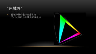 • 色域の外の色は対応した
デバイスにしか表示できない
“色域外”
 