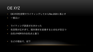CIE XYZ
• CIE XYZ色空間でライティングしてからRec.2020に落とす
• 一番広い
• ライティング誤差が大きかった
• 色空間が広すぎて、既存素材を変換すると劣化が目立つ
• 白色がHDR10の白色点と違う
• などの理由で、却下
 