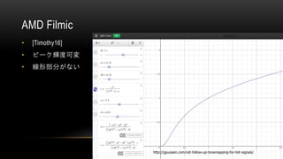 AMD Filmic
• [Timothy16]
• ピーク輝度可変
• 線形部分がない
http://gpuopen.com/vdr-follow-up-tonemapping-for-hdr-signals/
 