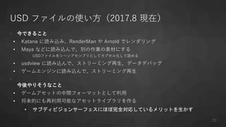 USD ファイルの使い方（2017.8 現在）
• 今できること
• Katana に読み込み、RenderMan や Arnold でレンダリング
• Maya などに読み込んで、別の作業の素材にする
USDファイルをシーンアセンブリとしてカプセル化して読める
• usdview に読み込んで、ストリーミング再生、データデバッグ
• ゲームエンジンに読み込んで、ストリーミング再生
•
今後やりそうなこと
• ゲームアセットの中間フォーマットとして利用
• 将来的にも再利用可能なアセットライブラリを作る
• サブディビジョンサーフェスにほぼ完全対応しているメリットを生かす
29
 