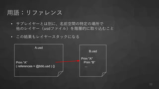 用語：リファレンス
• サブレイヤーとは別に、名前空間の特定の場所で
他のレイヤー（usdファイル）を階層的に取り込むこと
• この結果もレイヤースタックになる
A.usd
Prim “A”
( references = @bbb.usd ) {}
B.usd
Prim "A"
Prim “B”
...
39
 