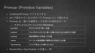 • UsdGeomPrimvar でアクセスする
• UV や頂点カラーなどはすべて Primvar として扱われる
• Primvar は、様々な補間モードを持つ汎用的なデータ
• サブディビジョンサーフェスでも Well-Defined
•
•
• RenderMan, OpenSubdiv の定義と一致
Primvar (Primitive Variables)
constant オブジェクト内で単一の値
uniform フェイスやパッチごとに単一の値（GLSL などと違うので注意）
varying 線形補間される頂点ごとの値
vertex サーフェス基底関数で補間される頂点ごとの値
faceVarying フェイス頂点ごとの値（UV など）
58
 