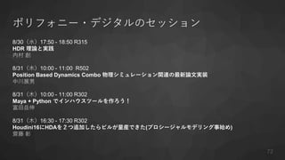 ポリフォニー・デジタルのセッション
8/30（水）17:50 - 18:50 R315
HDR 理論と実践
内村 創
8/31（木）10:00 - 11:00 R502
Position Based Dynamics Combo 物理シミュレーション関連の最新論文実装
中川展男
8/31（木）10:00 - 11:00 R302
Maya + Python でインハウスツールを作ろう！
富田岳伸
8/31（木）16:30 - 17:30 R302
Houdini16にHDAを２つ追加したらビルが量産できた(プロシージャルモデリング事始め)
齋藤 彰
72
 