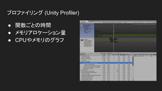 プロファイリング (Unity Profiler)
● 関数ごとの時間
● メモリアロケーション量
● CPUやメモリのグラフ
 