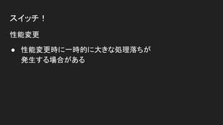 スイッチ！
性能変更
● 性能変更時に一時的に大きな処理落ちが
発生する場合がある
 