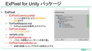 • ExPixel
– ExPixelCamera.prefab
• シーンに追加することで多重化映像の
描画を行う
– ExPixelMaterial.mat
• ExPixel.shaderを適用したマテリアル
– ExPixel.shader
• アルゴリズム計算
– sample.unity
– ExPixelManager.cs
• パラメータ調整とシェーダーへの受け渡し
– ExPixelTextureSetter.cs
• 多重化映像にしたいテクスチャを2枚セットする
ExPixel for Unity パッケージ
 