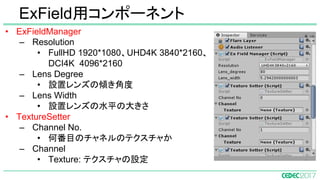 • ExFieldManager
– Resolution
• FullHD 1920*1080、UHD4K 3840*2160、
DCI4K 4096*2160
– Lens Degree
• 設置レンズの傾き角度
– Lens Width
• 設置レンズの水平の大きさ
• TextureSetter
– Channel No.
• 何番目のチャネルのテクスチャか
– Channel
• Texture: テクスチャの設定
ExField用コンポーネント
 