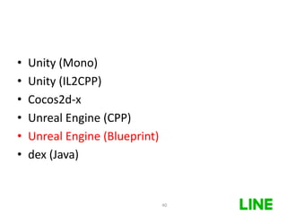 • Unity (Mono)
• Unity (IL2CPP)
• Cocos2d-x
• Unreal Engine (CPP)
• Unreal Engine (Blueprint)
• dex (Java)
40
 