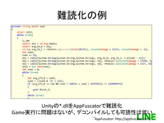 難読化の例
Unityの*.dllをAppFuscatorで難読化
Game実行に問題はないが、デコンパイルしても可読性は低い
AppFuscator: http://appfuscator.com/54
 