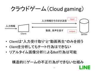 クラウドゲーム（Cloud gaming）
入力情報
入力情報をそのまま送信
Client Server
動画、音声を返す
input
output
• Clientは”入力受け取り”と”動画再生”のみを担う
• Clientを分析してもチート行為はできない
• リアルタイム画像分析によるBot行為は可能
構造的にゲームの不正行為ができない仕組み
61
 