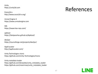 References
67
Unity
https://unity3d.com
Cocos2d-x
http://www.cocos2d-x.org/
Unreal Engine 4
https://www.unrealengine.com
IDA
https://www.hex-rays.com/
apktool
https://ibotpeaches.github.io/Apktool/
dex2jar
https://sourceforge.net/projects/dex2jar/
AppFuscator
http://appfuscator.com/
Unity Technologies mono
https://github.com/Unity-Technologies/mono
Unity metadata loader
https://github.com/kenjiaiko/unity_metadata_loader
https://github.com/nevermoe/unity_metadata_loader
 