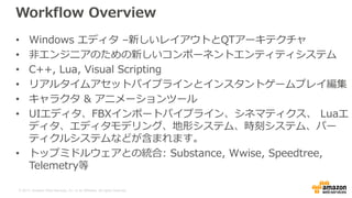 © 2017, Amazon Web Services, Inc. or its Affiliates. All rights reserved.
Workflow Overview
• Windows エディタ –新しいレイアウトとQTアーキテクチャ
• 非エンジニアのための新しいコンポーネントエンティティシステム
• C++, Lua, Visual Scripting
• リアルタイムアセットパイプラインとインスタントゲームプレイ編集
• キャラクタ & アニメーションツール
• UIエディタ、FBXインポートパイプライン、シネマティクス、 Luaエ
ディタ、エディタモデリング、地形システム、時刻システム、パー
ティクルシステムなどが含まれます。
• トップミドルウェアとの統合: Substance, Wwise, Speedtree,
Telemetry等
 