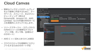 © 2017, Amazon Web Services, Inc. or its Affiliates. All rights reserved.
Cloud Canvas
• 簡単なバックエンドのゲームプレイ
をより簡単に作成するために、デー
タベース、ストレージ、およびコン
ピューティング（例えば
DynamoDB、Amazon S3、AWS
Lambda）などの共通のAWSサービ
スを視覚的にスクリプト化します。
• リソースマネージャ - エディタから
のAWSリソースの簡単なデプロイ
（ベータ版、ガンマ版、QA版など
のサポート）
• AWS C ++ SDKとあらかじめ統合
• クラウドロジックを視覚的にスクリ
プト化するためのサポート予定
 