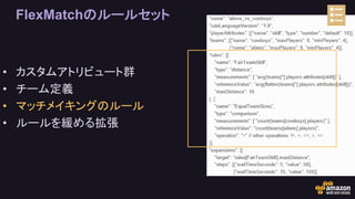 FlexMatchのルールセット
• カスタムアトリビュート群
• チーム定義
• マッチメイキングのルール
• ルールを緩める拡張
 