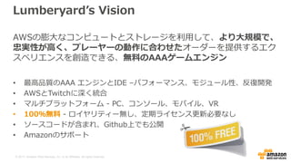 © 2017, Amazon Web Services, Inc. or its Affiliates. All rights reserved.
Lumberyard’s Vision
AWSの膨大なコンピュートとストレージを利用して、より大規模で、
忠実性が高く、プレーヤーの動作に合わせたオーダーを提供するエク
スペリエンスを創造できる、無料のAAAゲームエンジン
• 最高品質のAAA エンジンとIDE –パフォーマンス、モジュール性、反復開発
• AWSとTwitchに深く統合
• マルチプラットフォーム - PC、コンソール、モバイル、VR
• 100％無料 - ロイヤリティー無し、定期ライセンス更新必要なし
• ソースコードが含まれ、Github上でも公開
• Amazonのサポート
 