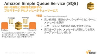 © 2017, Amazon Web Services, Inc. or its Affiliates. All rights reserved.
Amazon Simple Queue Service (SQS)
特徴 (http://aws.amazon.com/jp/sqs/)
• 高い信頼性: 複数のサーバー/データセンターに
メッセージを保持
• スケーラブル: 多数の送信者/受信者に対応
• 高スループット: メッセージが増加しても高ス
ループットを出し続ける
高い可用性と信頼性を提供する
フルマネージドなメッセージキューサービス
Producer Consumer
polling
Producer, ConsumerはEC2やモバイルデバイス、
オンプレミスんサーバーなどで構成する。実際の
やりとりにはAmazon SQS APIを使って行う。
message message
 