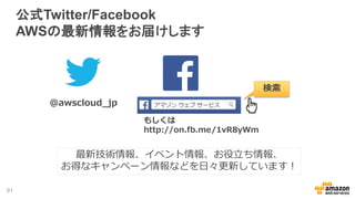 公式Twitter/Facebook
AWSの最新情報をお届けします
91
@awscloud_jp
検索
最新技術情報、イベント情報、お役立ち情報、
お得なキャンペーン情報などを日々更新しています！
もしくは
http://on.fb.me/1vR8yWm
 