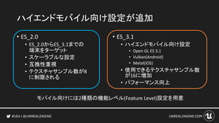 ハイエンドモバイル向け設定が追加
• ES_2.0
• ES_2.0からES_3.1までの
端末をターゲット
• スケーラブルな設定
• 互換性重視
• テクスチャサンプル数が8
に制限される
• ES_3.1
• ハイエンドモバイル向け設定
• Open GL ES 3.1
• Vulkan(Android)
• Metal(iOS)
• 使用できるテクスチャサンプル数
が16に増加
• パフォーマンス向上
モバイル向けには2種類の機能レベル(Feature Level)設定を用意
 