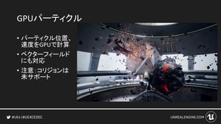 #UE4CEDEC
GPUパーティクル
• パーティクル位置、
速度をGPUで計算
• ベクターフィールド
にも対応
• 注意：コリジョンは
未サポート
 