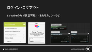 #UE4CEDEC
ログイン・ログアウト
Blueprintのみで実装可能！（もちろん、C++でも）
 