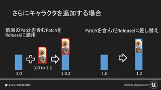 #UE4CEDEC
さらにキャラクタを追加する場合
前回のPatchを含むPatchを
Releaseに適用
1.0 1.0.2
1.0 to 1.2
Patchを含んだReleaseに差し替え
1.0 1.2
 