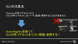 #UE4CEDEC
DLCの注意点
「Release が持つアセット」から
「DLCが持つアセット」 をハード（直接）参照することはできません
Asset Registryを使って
DLCが持つアセットをソフト（間接）参照する！
 