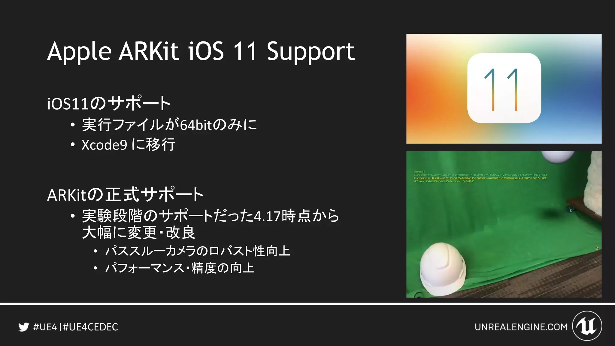 #UE4CEDEC
Apple ARKit iOS 11 Support
iOS11のサポート
• 実行ファイルが64bitのみに
• Xcode9 に移行
ARKitの正式サポート
• 実験段階のサポートだった4.17時点から
大幅に変更・改良
• パススルーカメラのロバスト性向上
• パフォーマンス・精度の向上
 