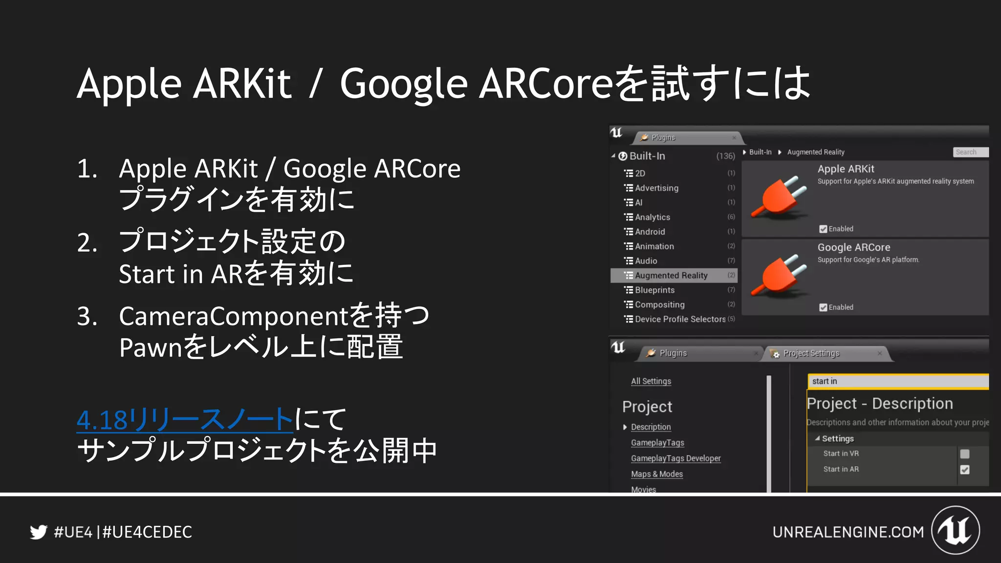 #UE4CEDEC
Apple ARKit / Google ARCoreを試すには
1. Apple ARKit / Google ARCore
プラグインを有効に
2. プロジェクト設定の
Start in ARを有効に
3. CameraComponentを持つ
Pawnをレベル上に配置
4.18リリースノートにて
サンプルプロジェクトを公開中
 