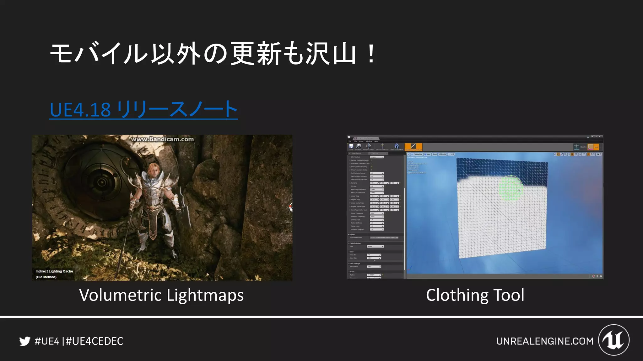#UE4CEDEC
モバイル以外の更新も沢山！
UE4.18 リリースノート
Volumetric Lightmaps Clothing Tool
 