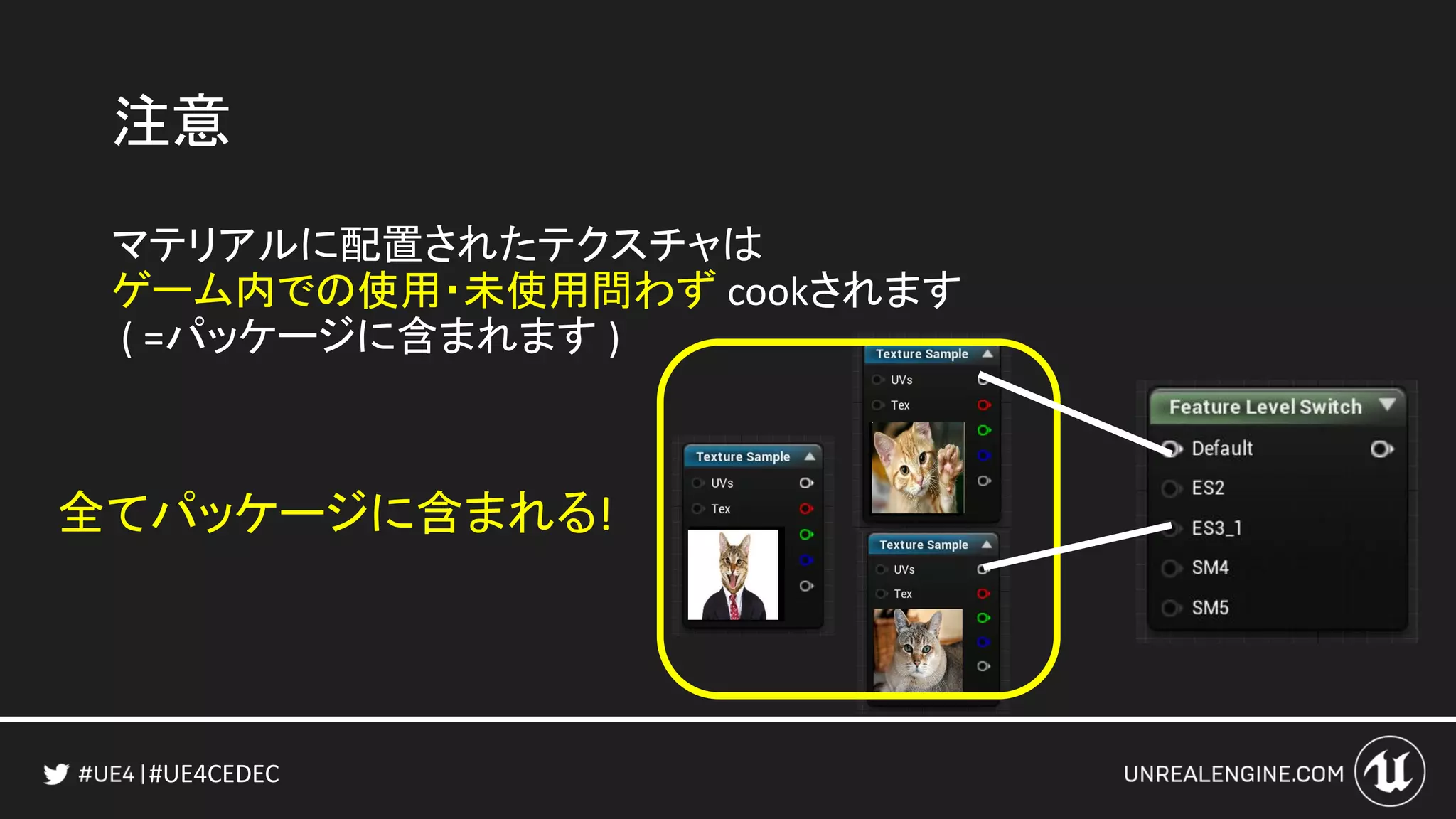 #UE4CEDEC
注意
マテリアルに配置されたテクスチャは
ゲーム内での使用・未使用問わず cookされます
( =パッケージに含まれます )
全てパッケージに含まれる!
 