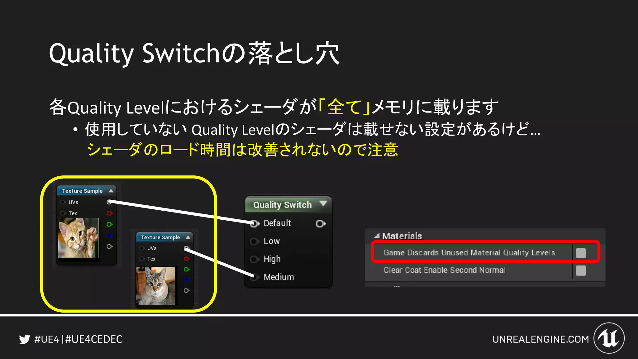 #UE4CEDEC
Quality Switchの落とし穴
各Quality Levelにおけるシェーダが「全て」メモリに載ります
• 使用していない Quality Levelのシェーダは載せない設定があるけど…
シェーダのロード時間は改善されないので注意
 