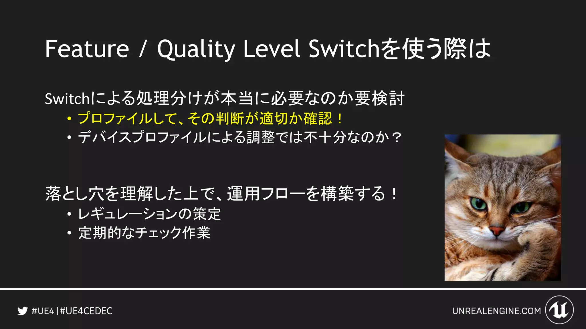 #UE4CEDEC
Feature / Quality Level Switchを使う際は
Switchによる処理分けが本当に必要なのか要検討
• プロファイルして、その判断が適切か確認！
• デバイスプロファイルによる調整では不十分なのか？
落とし穴を理解した上で、運用フローを構築する！
• レギュレーションの策定
• 定期的なチェック作業
 