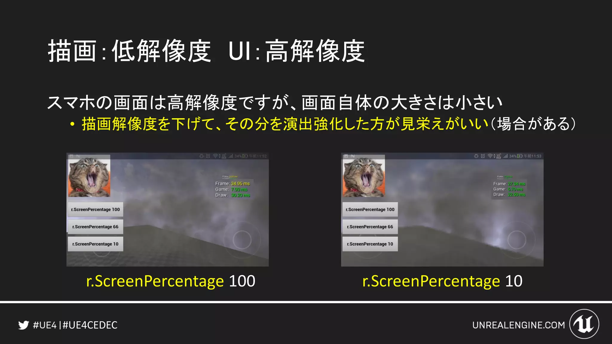 #UE4CEDEC
描画：低解像度 UI：高解像度
スマホの画面は高解像度ですが、画面自体の大きさは小さい
• 描画解像度を下げて、その分を演出強化した方が見栄えがいい（場合がある）
r.ScreenPercentage 10r.ScreenPercentage 100
 