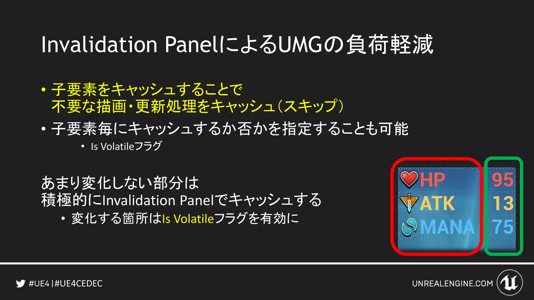 #UE4CEDEC
Invalidation PanelによるUMGの負荷軽減
• 子要素をキャッシュすることで
不要な描画・更新処理をキャッシュ（スキップ）
• 子要素毎にキャッシュするか否かを指定することも可能
• Is Volatileフラグ
あまり変化しない部分は
積極的にInvalidation Panelでキャッシュする
• 変化する箇所はIs Volatileフラグを有効に
 