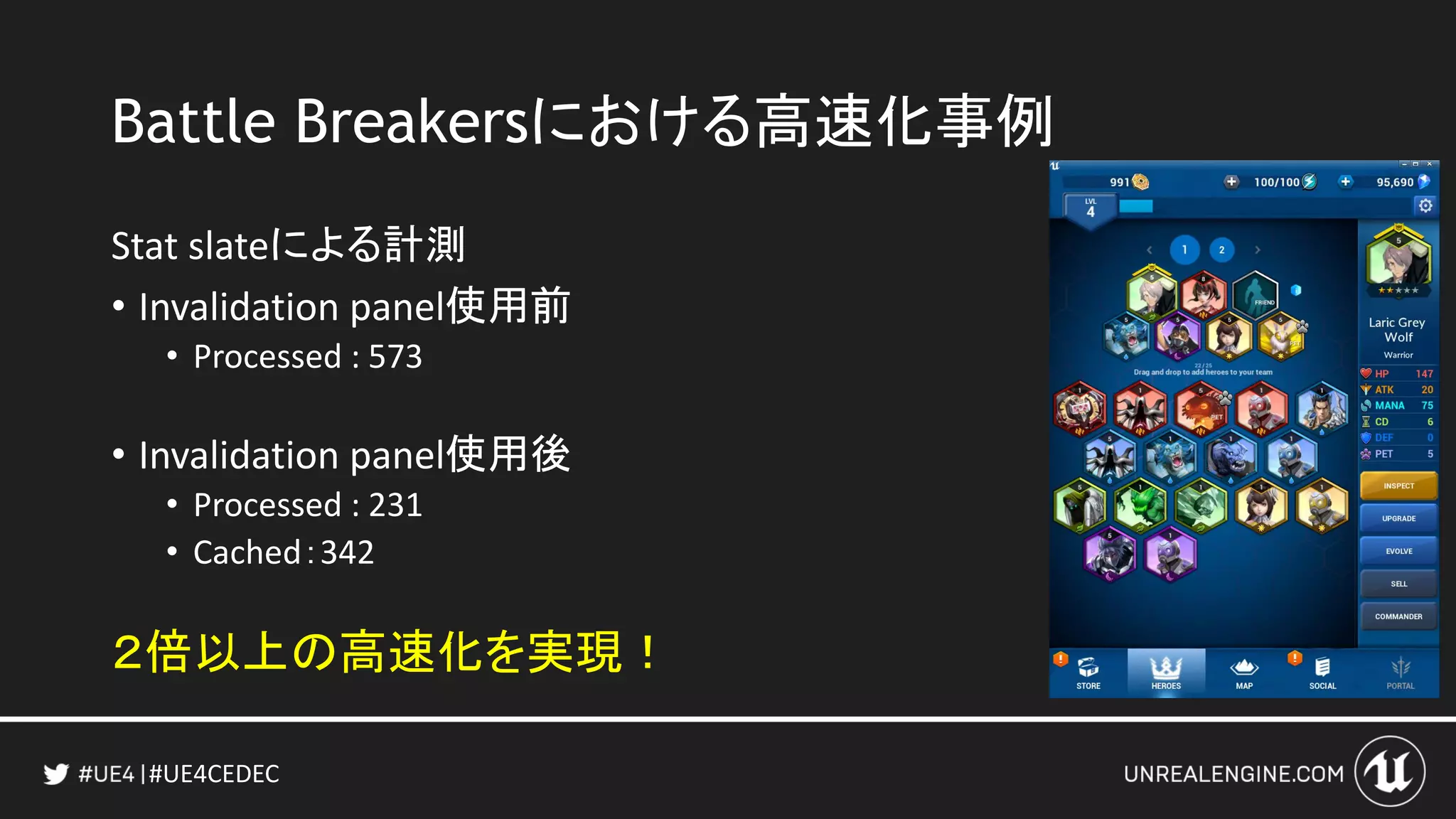 #UE4CEDEC
Battle Breakersにおける高速化事例
Stat slateによる計測
• Invalidation panel使用前
• Processed : 573
• Invalidation panel使用後
• Processed : 231
• Cached：342
２倍以上の高速化を実現！
 