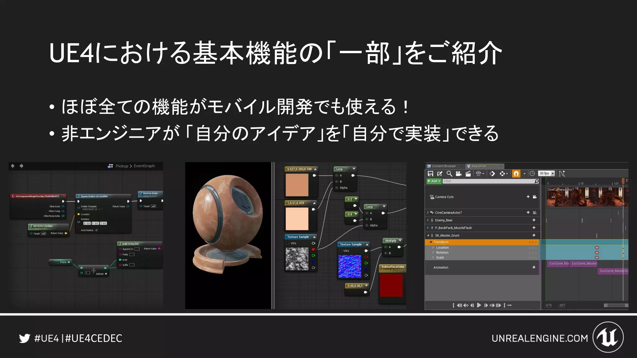 #UE4CEDEC
UE4における基本機能の「一部」をご紹介
• ほぼ全ての機能がモバイル開発でも使える！
• 非エンジニアが 「自分のアイデア」を「自分で実装」できる
 