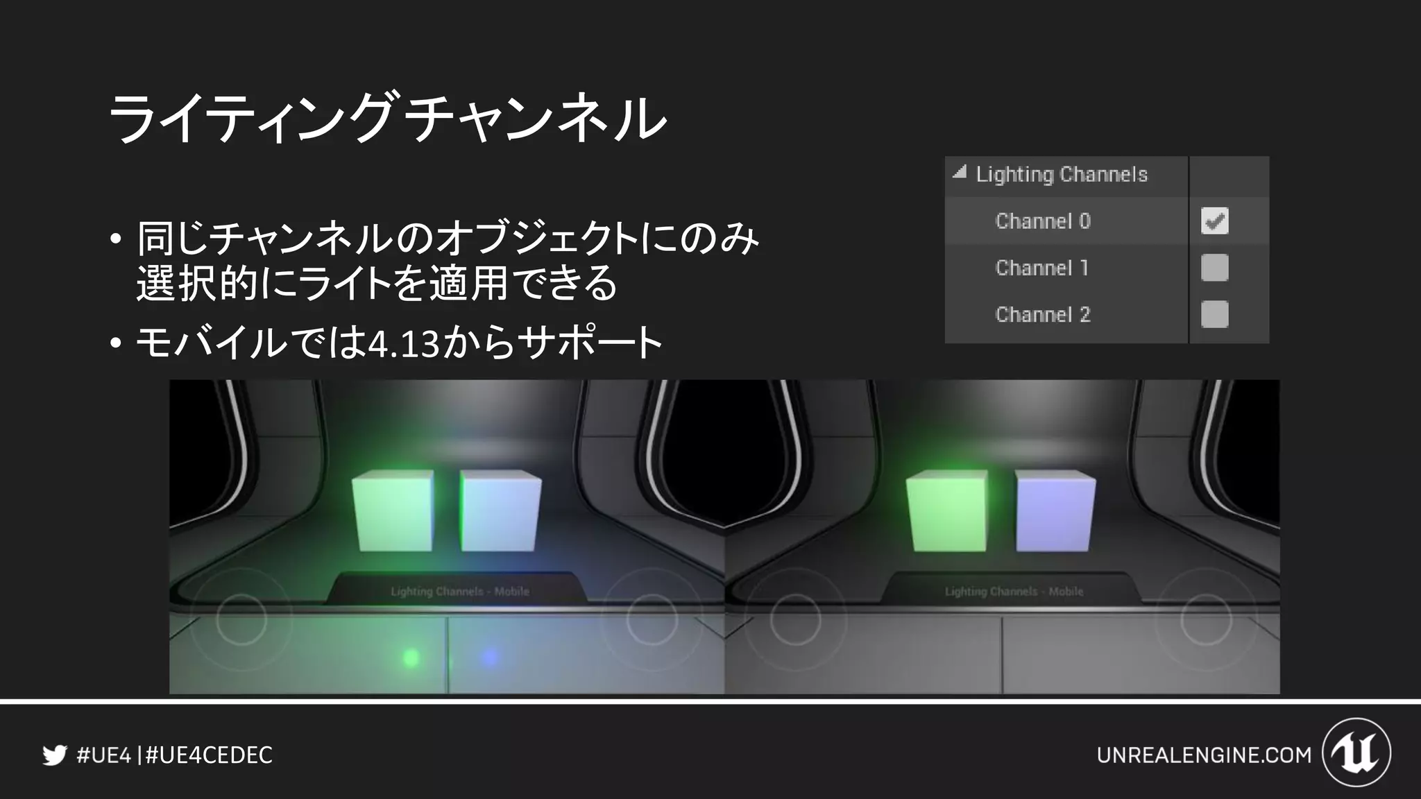#UE4CEDEC
ライティングチャンネル
• 同じチャンネルのオブジェクトにのみ
選択的にライトを適用できる
• モバイルでは4.13からサポート
 