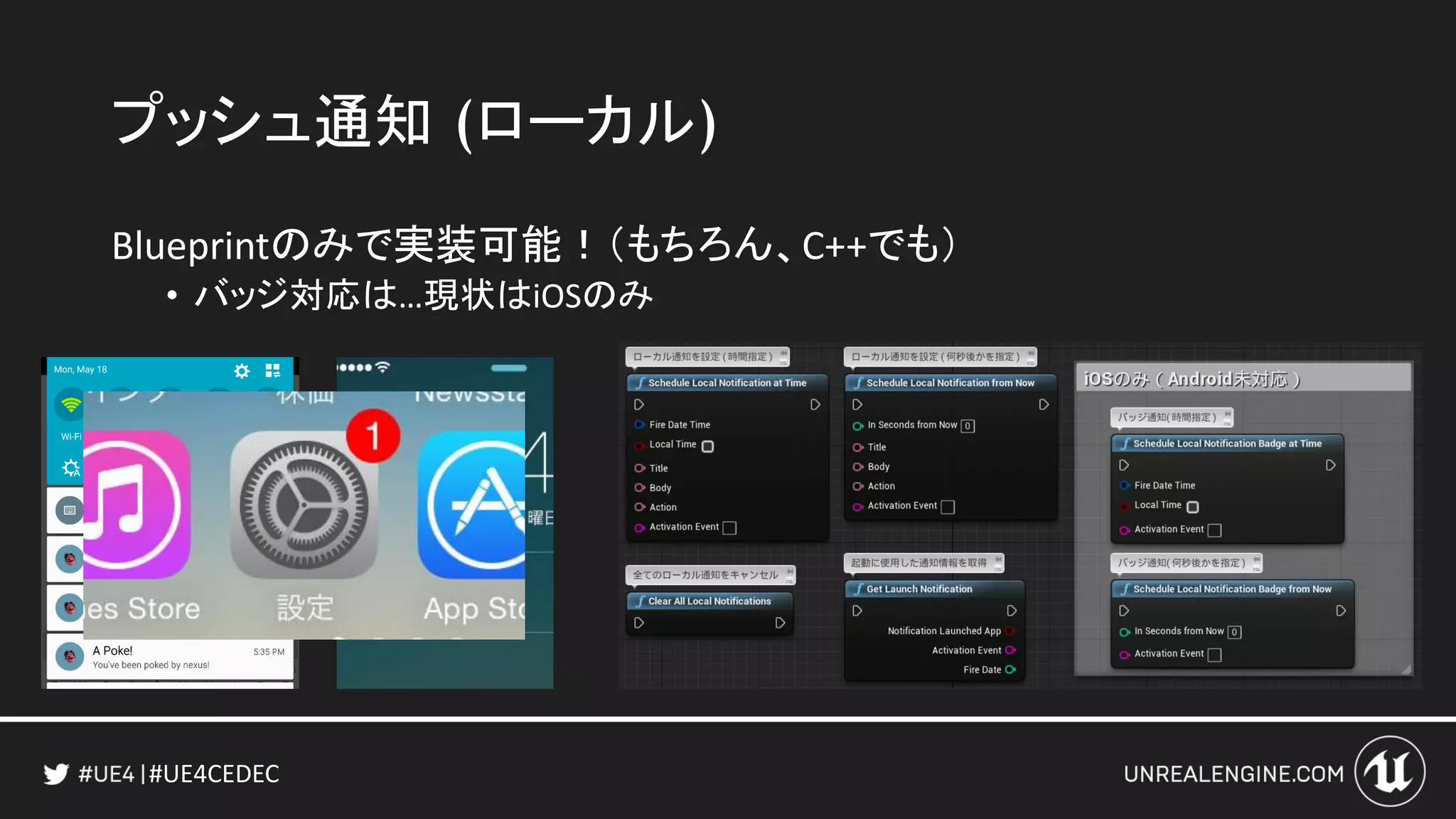 #UE4CEDEC
プッシュ通知 (ローカル)
Blueprintのみで実装可能！（もちろん、C++でも）
• バッジ対応は…現状はiOSのみ
 