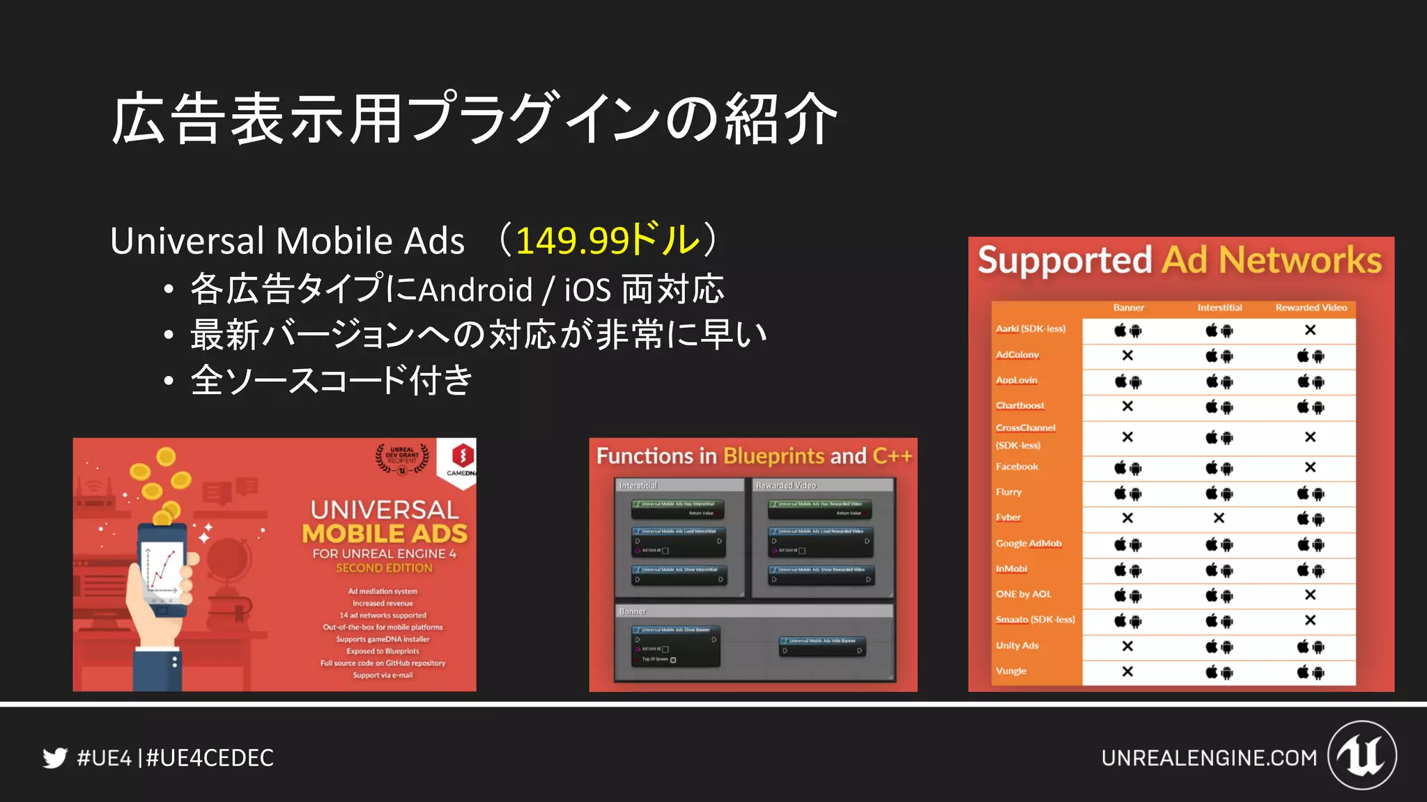 #UE4CEDEC
広告表示用プラグインの紹介
Universal Mobile Ads （149.99ドル）
• 各広告タイプにAndroid / iOS 両対応
• 最新バージョンへの対応が非常に早い
• 全ソースコード付き
 