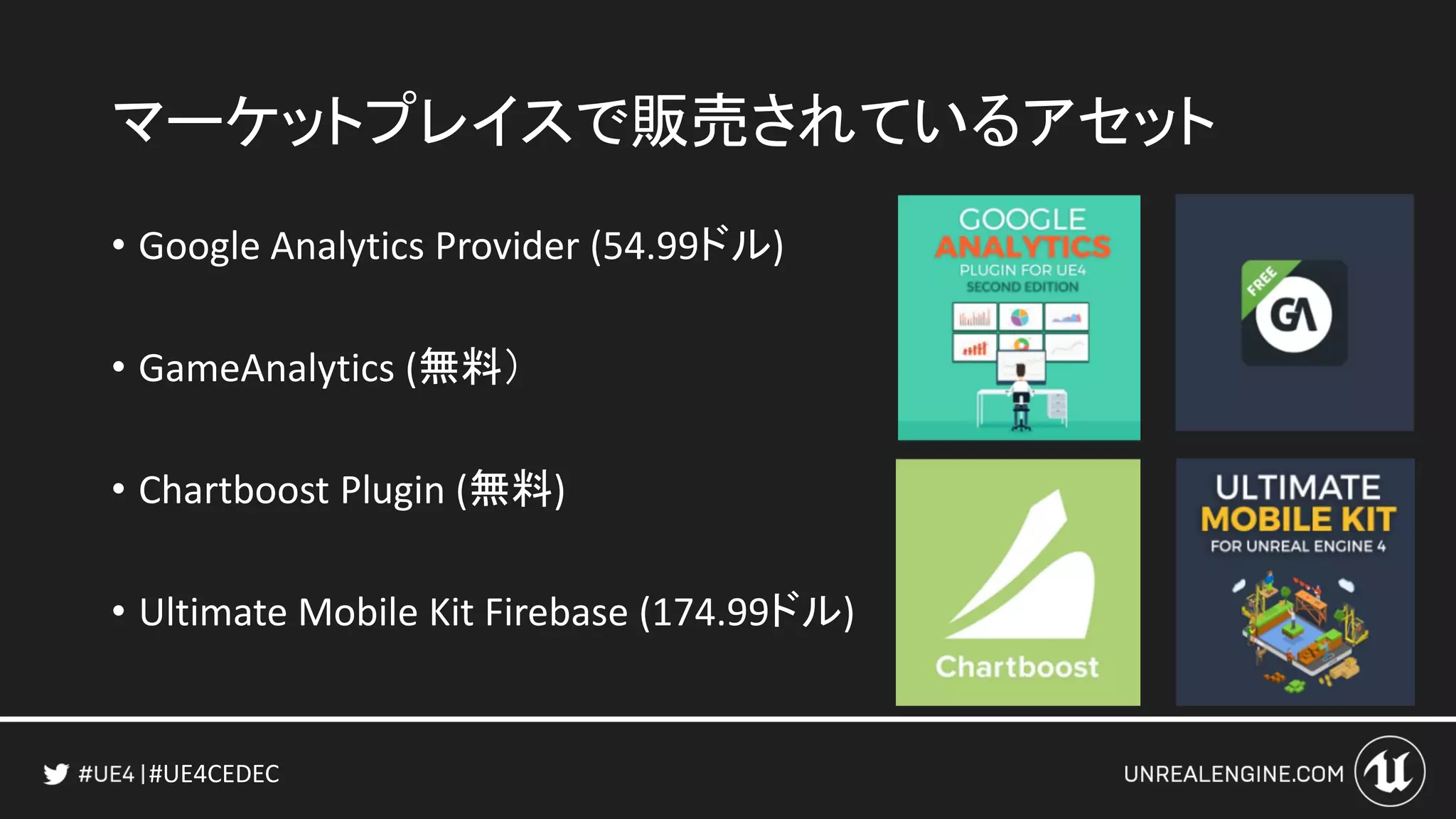 #UE4CEDEC
マーケットプレイスで販売されているアセット
• Google Analytics Provider (54.99ドル)
• GameAnalytics (無料）
• Chartboost Plugin (無料)
• Ultimate Mobile Kit Firebase (174.99ドル)
 