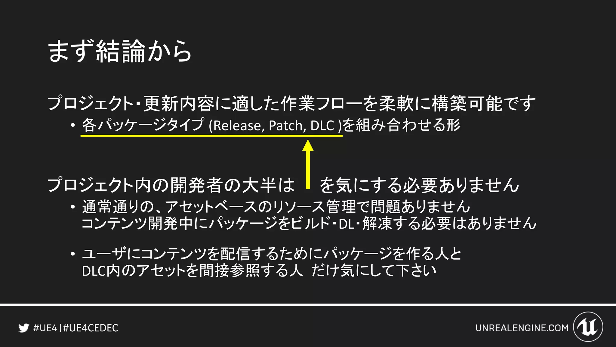 #UE4CEDEC
まず結論から
プロジェクト・更新内容に適した作業フローを柔軟に構築可能です
• 各パッケージタイプ (Release, Patch, DLC )を組み合わせる形
プロジェクト内の開発者の大半は を気にする必要ありません
• 通常通りの、アセットベースのリソース管理で問題ありません
コンテンツ開発中にパッケージをビルド・DL・解凍する必要はありません
• ユーザにコンテンツを配信するためにパッケージを作る人と
DLC内のアセットを間接参照する人 だけ気にして下さい
 