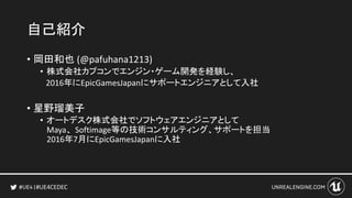 #UE4CEDEC
自己紹介
• 岡田和也 (@pafuhana1213)
• 株式会社カプコンでエンジン・ゲーム開発を経験し、
2016年にEpicGamesJapanにサポートエンジニアとして入社
• 星野瑠美子
• オートデスク株式会社でソフトウェアエンジニアとして
Maya、Softimage等の技術コンサルティング、サポートを担当
2016年7月にEpicGamesJapanに入社
 
