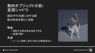 #UE4CEDEC
動的オブジェクトの影:
変調シャドウ
固定平行光源に対する影
影の形状を周りに投影
利点
• 投影する時の色を指定できる
• 処理が軽い
欠点
• シーンに焼きこまれた影とは馴染まない
 