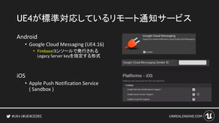 #UE4CEDEC
UE4が標準対応しているリモート通知サービス
Android
• Google Cloud Messaging (UE4.16)
• Firebaseコンソールで発行される
Legacy Server keyを指定する形式
iOS
• Apple Push Notification Service
( Sandbox )
 