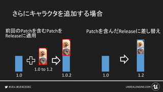 #UE4CEDEC
さらにキャラクタを追加する場合
前回のPatchを含むPatchを
Releaseに適用
1.0 1.0.2
1.0 to 1.2
Patchを含んだReleaseに差し替え
1.0 1.2
 