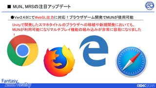 ■ MUN、MRSの注目アップデート
●Ver2.4.0にてWebGL出力に対応！ブラウザゲーム開発でMUNが使用可能
Unityで開発したスマホタイトルのブラウザへの移植や新規開発においても、
MUNが利用可能になりマルチプレイ機能の組み込みが非常に容易になりました
！
 